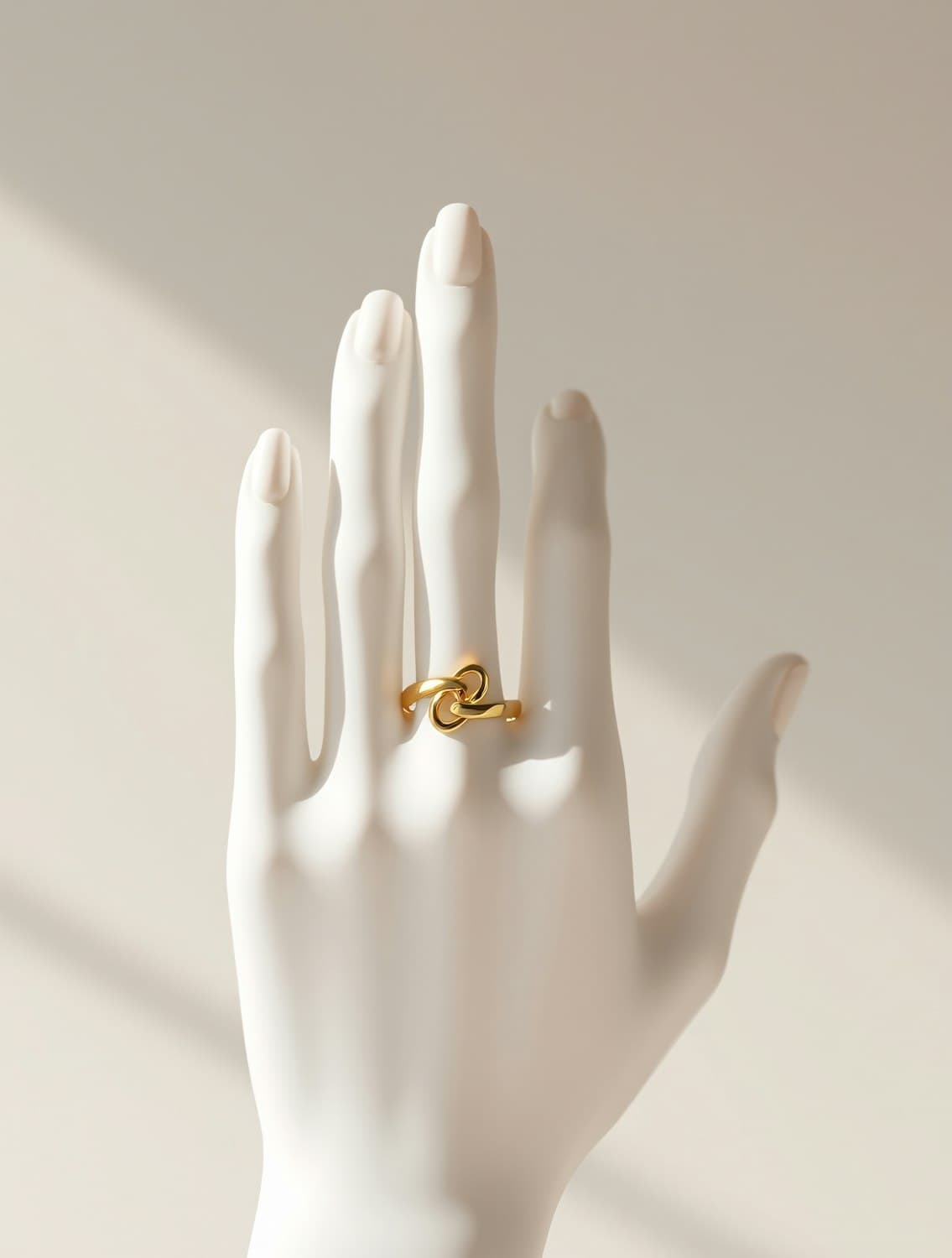 A sculpted gold knot ring worn on the middle finger of a white display hand, in soft window light.