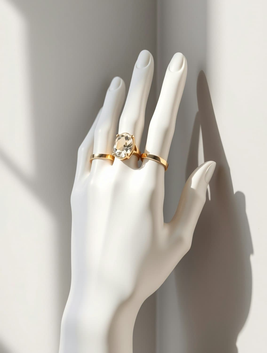 A white display hand wearing a gold oval solitaire on the middle finger and plain gold bands on the fingers either side.