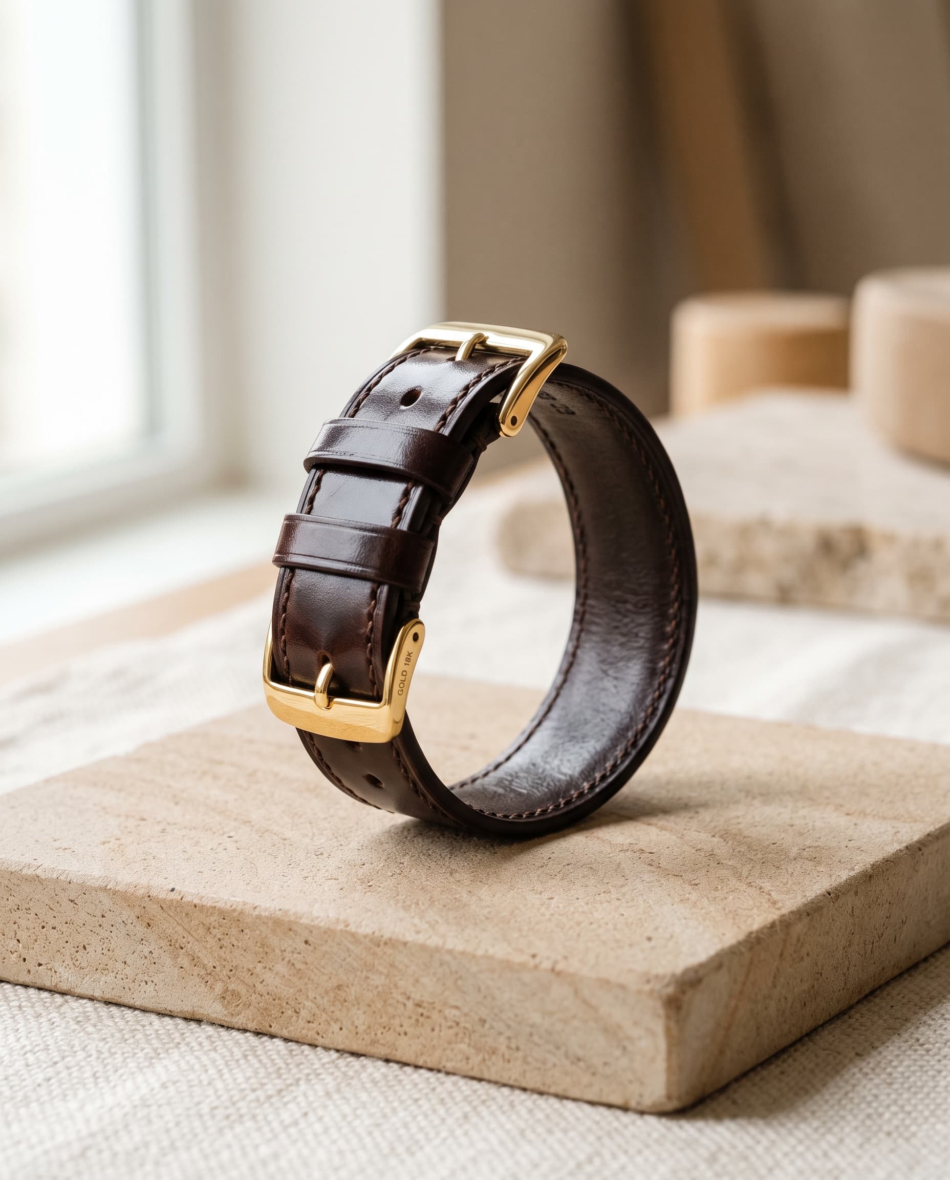 A dark brown shell cordovan watch strap with tonal stitching and a gold buckle, curled on a stone plinth.