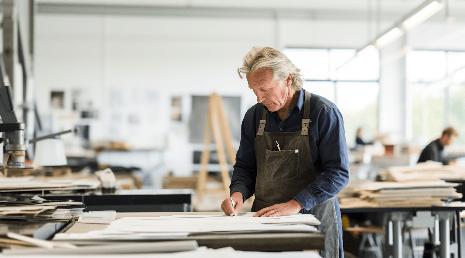 A craftsman in a work apron drawing on a large sheet of paper at a studio table.