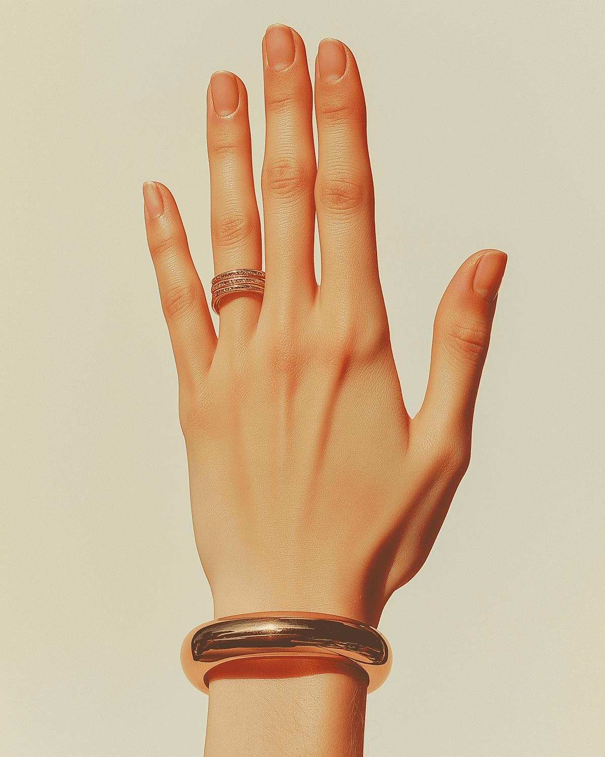 A hand raised against a warm cream wall, wearing a stacked gold ring and a polished gold bangle.
