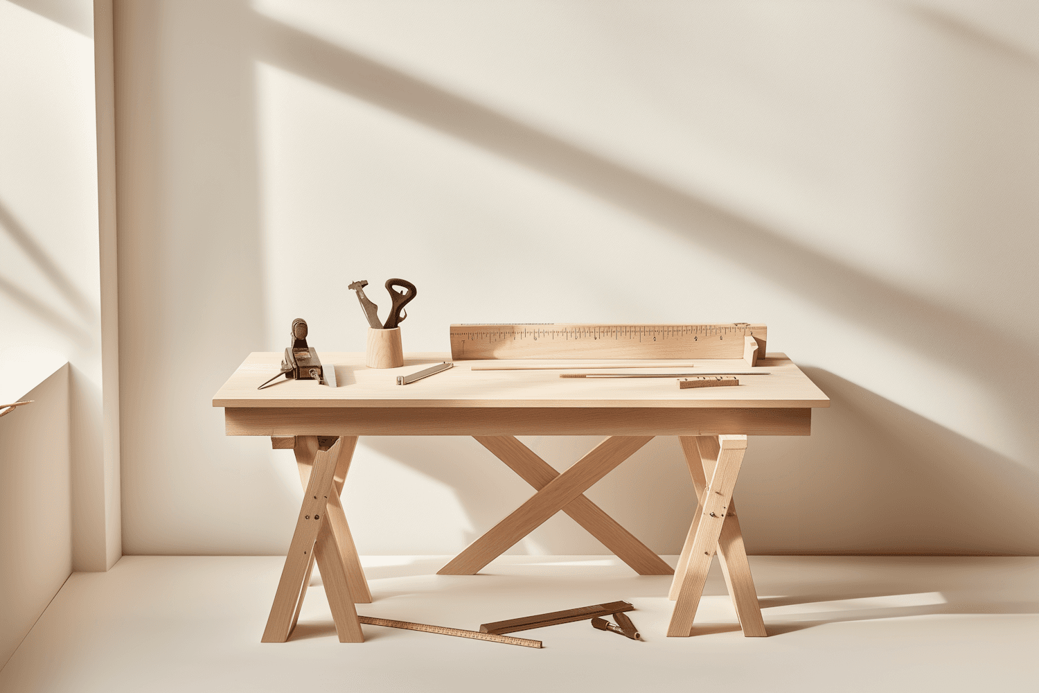 A pale wooden workbench with a few hand tools and a long ruler, lit by morning sun through a window.