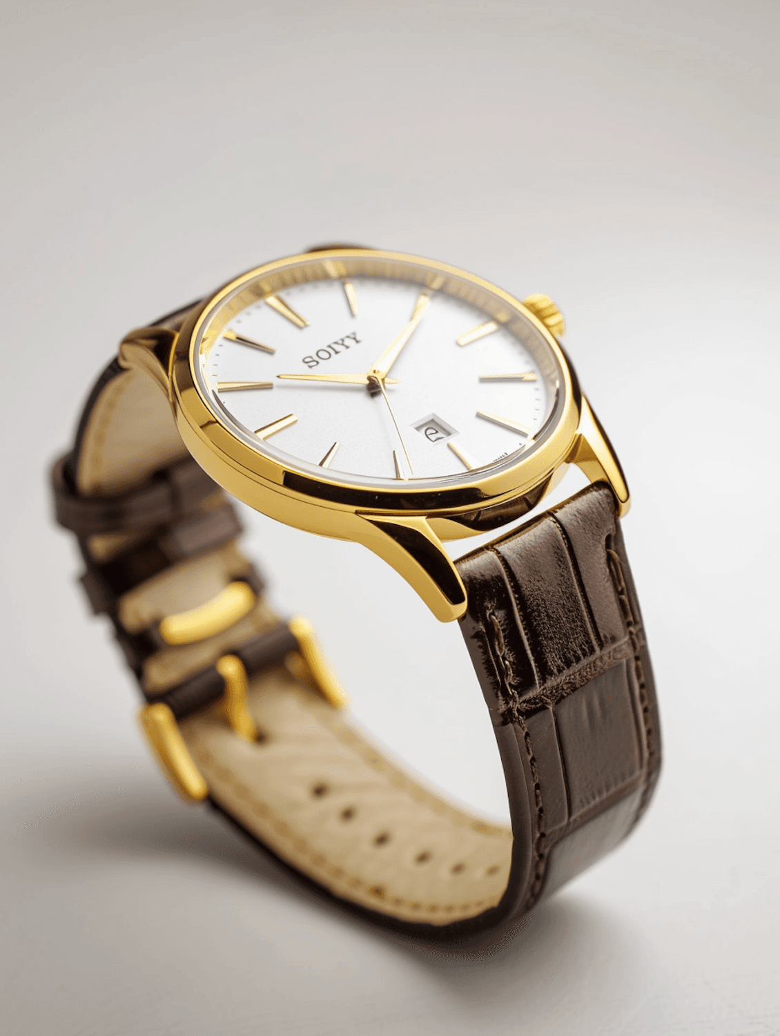 A gold watch with an ivory dial and slim gold indices on a dark brown leather strap.